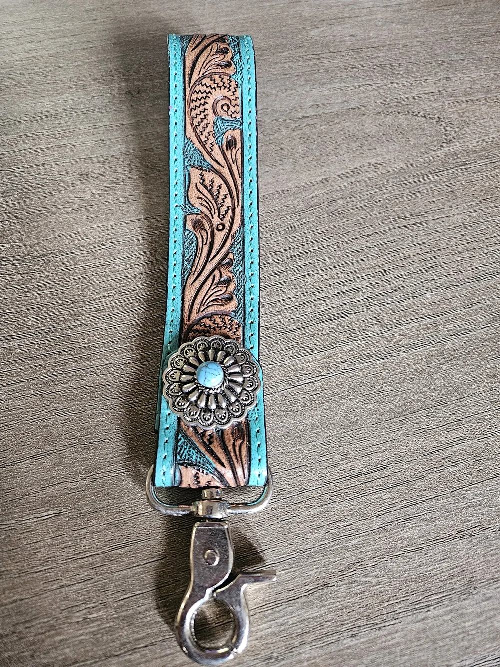 Turquoise Tooled Leather Wristlet Key Fob with Concho -NWOT
